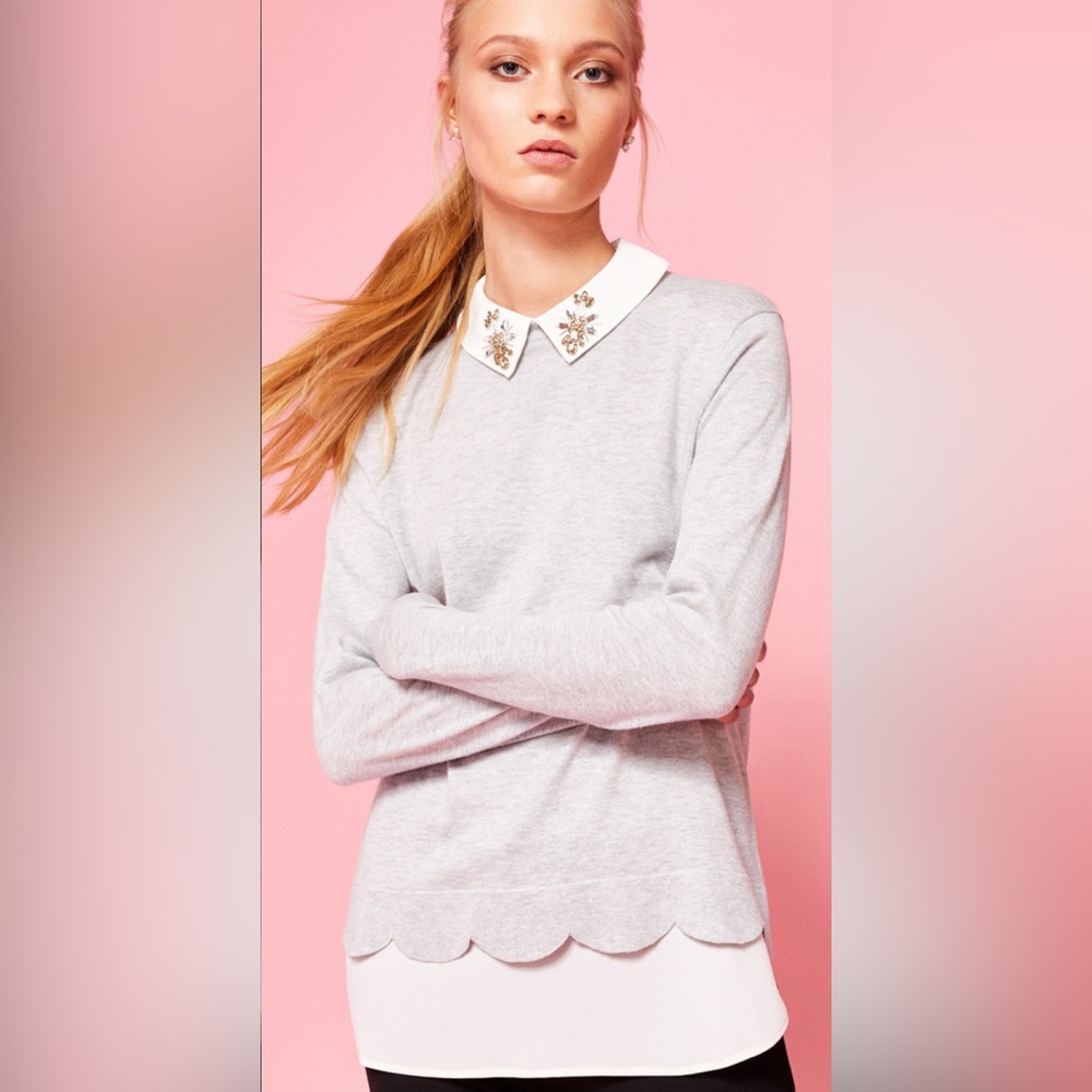 Ted Baker Suzaine Embellished Layered Look Sweater in Light Grey silk blend